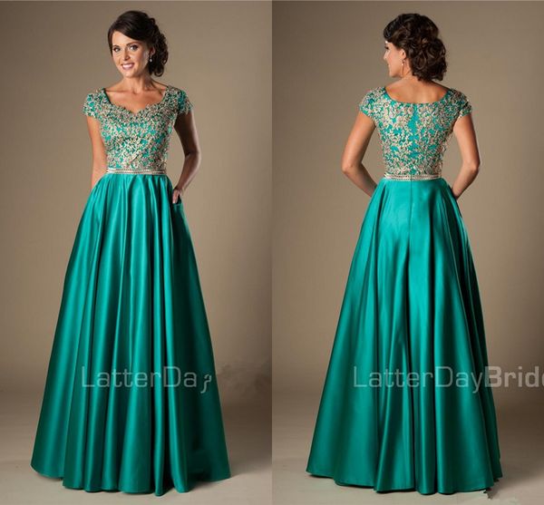 Turquoise Or Appliques Robes De Bal Modestes Avec Manches Longues A-ligne Etage Longueur College Girls Classique Robes De Soirée Formelles