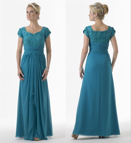 Robes de demoiselle d'honneur modestes longues vert turquoise avec manches courtes A-ligne dentelle mousseline de soie longueur de plancher robes de demoiselles d'honneur vente pas cher