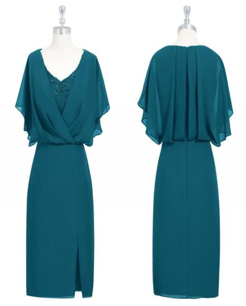 Turquoise vert mère de la mariée robes élégantes col en V Appliques gaine longueur au genou robes d'invité de mariage fendues robes de mère8402167