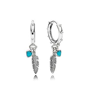 Turquoise harten en veerhoepoorringen voor Pandora Authentieke Sterling Silver Party Sieraden voor vrouwen Vriendin Gift Designer Earring Set met originele doos