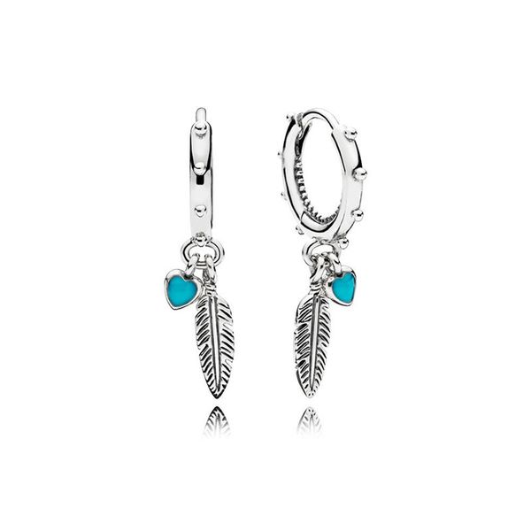 Corazones turquesas y pendientes de aro de plumas con caja original para Pandora 925 Joyas de fiesta de bodas de plata esterlina para mujer Regalo de novia Conjunto de aretes de diseño