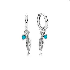 Pendientes de aro de plumas de corazones turquesa para Pandora Jewelry 925 Pendiente de fiesta de boda de plata esterlina para mujer Pendientes de lujo de regalo de novia con caja original