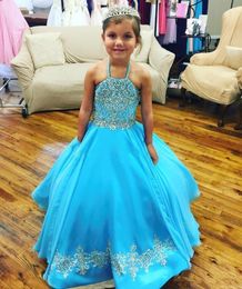 Bleu Little Girl Pageant robes tout-petits enfants robe de bal Glitz robe de demoiselle Weddings perles Taille organza Robes de bal Robes M59