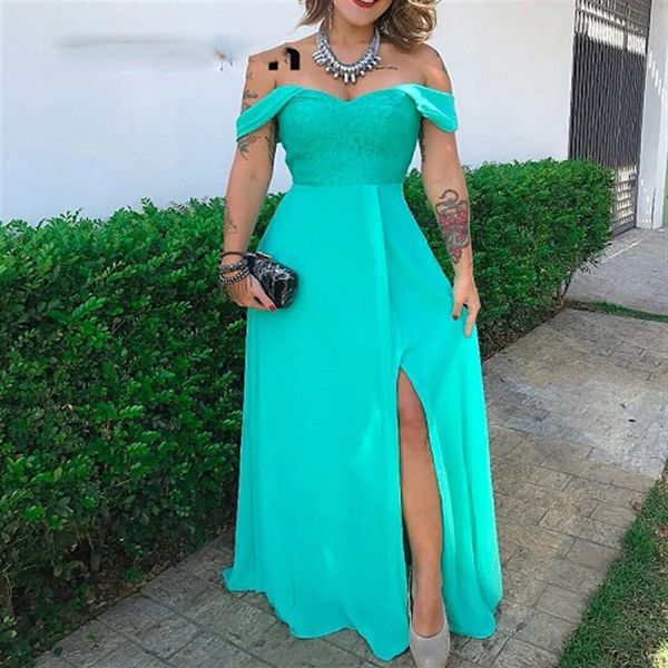 Turquoise longues robes de bal chérie a-ligne côté fendu grande taille dentelle mousseline de soie robe de soirée robe de soirée Cheap259j