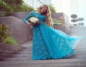 Vestidos de noche de novia de manga larga turquesa Turquoise cuello de la tripulación de encaje de tul de tul 2019 2019 Mother of the Bride Vestido árabe 7239146
