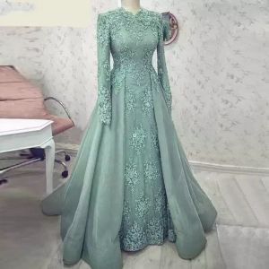 Turquoise moslim A-lijn avondjurken met applicaties met lange mouwen Lace Prom feestjurken Dubai Arabische speciale gelegenheid formele jurk ABIYE