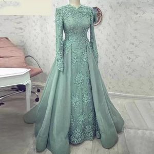 Robes de la mère de dentelle musulmane turquoise Appliques à manches longues Robes de fête de soirée A-Line Dubaï Arabe Special Occasion Formal Dres 221X