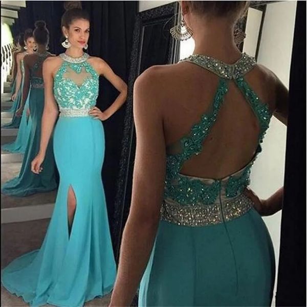 Vestido De fiesta turquesa con cuello Halter De sirena, gasa, encaje con cuentas, Espalda descubierta, vestidos largos sexys para baile De graduación, vestidos De noche