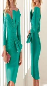 Robes de soirée de cocktail en satin gaine courte turquoise avec 34 plis à manches longues avec nœud au genou robe de bal 2021 occasion spéciale G7765445