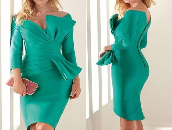 Robes de soirée de cocktail en satin gaine courte turquoise avec 34 plis à manches longues avec nœud au genou robe de bal 2021 occasion spéciale G5054061