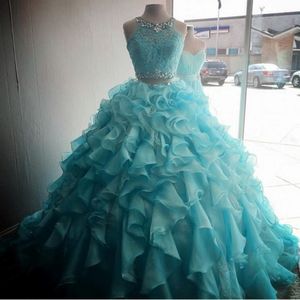 Turquoise twee stukken Quinceanera -jurken 2019 bescheiden kralen kristallen maskerade ball jurk prom jurk sweet 16 meisjes vestidos de 15 anos 325W