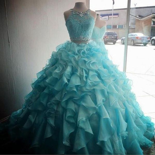 Turquesa Dos piezas Vestidos de quinceañera 2019 Cuentas modestas Cristales Vestido de fiesta de disfraces Vestido de fiesta Dulce 16 Niñas Vestidos De 15 249Z