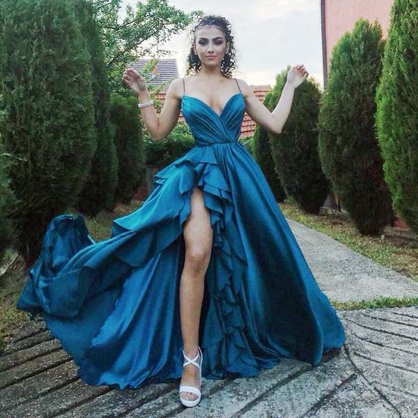 Turquoise V-Neck Ruffles Slit Prom Robes Spaghetti Strap Robe de soirée Robe de fête à longue queue A-Line 407