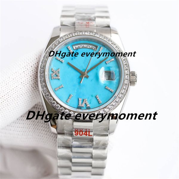 Montre Turquoise EW fabriquée en usine montres mécaniques automatiques pour hommes 36mm 904L cal.3255 mouvement saphir brillant en acier inoxydable incrusté de diamants montre-bracelet étanche-1