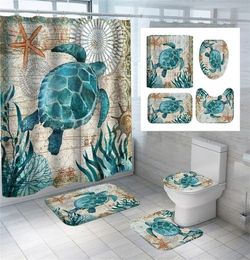 Turtle Sea Horse Dolphin Print Curtain de douche Set Salle Bathroom Écran de baignade ANTISLIP COUCLE DU COUPE COURCE CAPPET