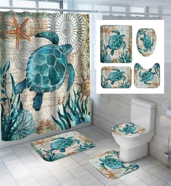 Turtle Sea Horse Dolphin Print Douche Curtain Set Salle de bain Écran de bain AntiSlip Toilet de toilette Tapis tapis Tapis Home Decor 2205052874686