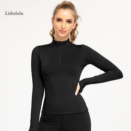 Turtleneck Black t Shirts vrouwen ritslooploop T -stuk yoga snel droge workout gym crop tops lange mouw sportfitness