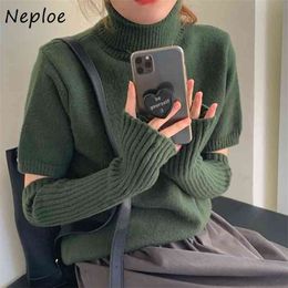 Cuello alto Casual All-match Knitted Women Pullovers Chic Desmontable Sleeve Design Sweaters Otoño Color sólido Chaqueta 210422