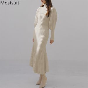 Col roulé tricoté longue robe pull printemps manches longues mince solide robes de sirène élégant coréen Vintage femme Vestidos 210518