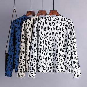 Suéter de leopardo de cuello alto para mujer, jersey de manga larga holgado informal coreano para mujer, jerséis de punto cálidos elásticos para otoño e invierno, 210419