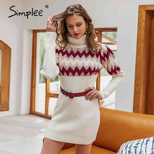 Cuello alto Cable largo Cable de punto Mujer Jersey Suéter Vestido Vintage Otoño Invierno Linterna Manga Mujer Outwear Vestidos 210414