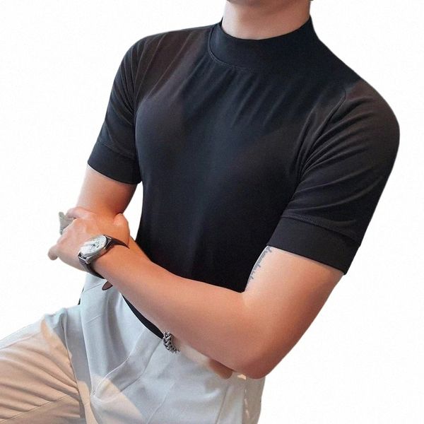 Col roulé Hommes Vêtements de luxe coréens T-shirt à manches courtes pour hommes All Match Slim Fit Casual T-shirts pour hommes Noir / Blanc 3XL-M c3XO #