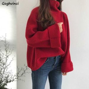 Turtleneck trui verdikking massief gebreide winter vrouwen flare mouw harajuku mode vrijetijd uitloper rood losse eenvoudige chic ins x0721