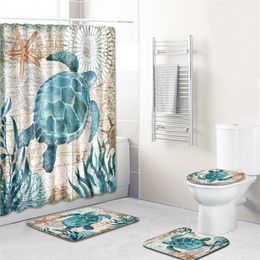 Turtles Modèle imprimé rideau de douche piédestal tapis couvercle couvercle de toilette tapis de bain set les rideaux de salle de bain avec 12 crochets y200108