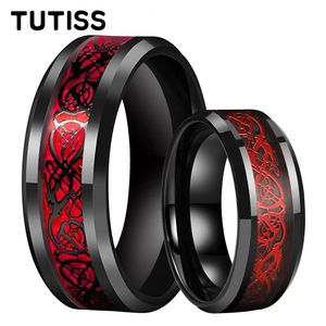 Tutiss Mens Womens 8 mm Tungsten Carbide Ring Band Classic Widding With Carbon Fibre and Dragon Inclay Comfort Fit 240522