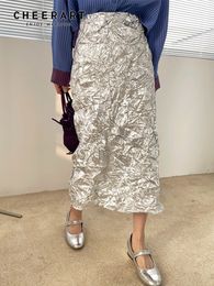 tutu jurk cheerart textuur zilveren hoge taille rok vrouwen metalen mode een lijn glitter spleet lange midi designer kleding 230104