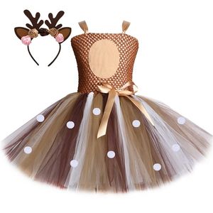 Tutu Robe Deer Costumes pour filles Robe de Noël Enfants Halloween Costumes Renne Tulle Robe Anniversaire Princesse Vêtements Marron 210329