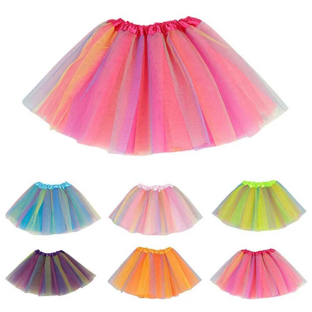 Tutu Dress Girls Rainbow Tutu Skirt Dance Party Ballet Tulle Tutu Salia 2-8 anos 3 Camadas Princess Birthday Party Dress D240507