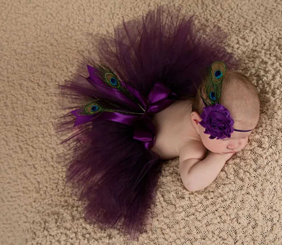 Tutu klänning härlig baby påfågel tutu kjolar flickor handgjorda tyll pettiskirts med blomma hårbåge nyfödda födelsedagsfotografdräkt kjolar d240507