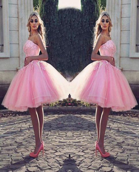 Robe de bal rose tutu rose élégant en dentelle perlée appliques jolie cocktail robe gonflée tulle court beau 7180844