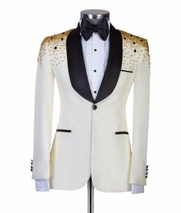 Tuxedo LuxuryOne Piece Blazer Hommes Costumes Un Butt Satin Large Revers Perles Formelles Diamds Fête De Mariage Marié Plus Taille Sur Mesure E4UQ #