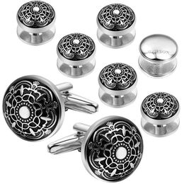 Boutons de manchette pour chemise de smoking, boutons de manchette rétro en forme de fleur gravée en émail noir, meilleurs boutons de manchette d'affaires de mariage pour cadeaux pour hommes