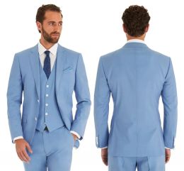 Tuxedos 2020 Sky Blue Wedding Costumes Slim Fit Bridegroom Tuxedos for Men 3 Pieces Grooms Brooms Suit Business Veste (Veste + Pantalon + Vie)