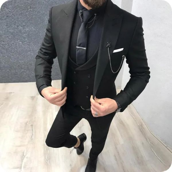 Tuxedos sur mesure pour les garçons d'honneur sur mesure Peak Broom Groom Sweedos Black Men Suit Wedding Best Man 3 Pieces Blazer (veste + pantalon + cravate + gilet) L6