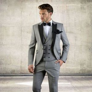 Tuxedos Light Gray One Button Mens Prom Suits Peaked Rapel Groomsmen Wedding Tuxedos For Men Blazers Three Pieces Formal Suit Jack+broek