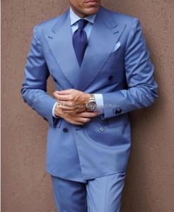 Tuxedos populaire Doublebreasted Light Blue Groom Tuxedos Peak Rapel Groomsmen Mens Suits Wedding/Prom/Dinner Blazer (jas+broek+tie) K29
