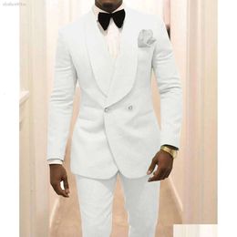 Tuxedos Men blanc châle repeuple marié cosits Blazer 2 pièces Dobby Prom Party Dîner veste en veste personnalisée