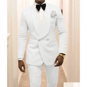 Smokings Blanc Hommes Châle Revers Groom Costumes Blazer 2 Pièce Dobby Prom Party Dîner Veste Tenue Sur Mesure Jacketaddaddbow Dr Dhwt9