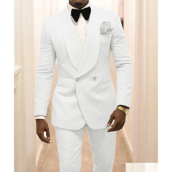 Tuxedos Blanc Hommes Châle Revers Costumes De Marié Blazer 2 Pièce Dobby Prom Party Dîner Veste Tenue Sur Mesure Madejacketaddpantsaddbow Drop D Dhbyf