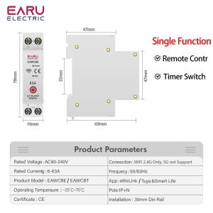 Tuya Ewelink WiFi Smart Circuit Breaker MCB 1P 63A Power Energy KWh Tension Courmage Metter Protector Voice Remote Control
