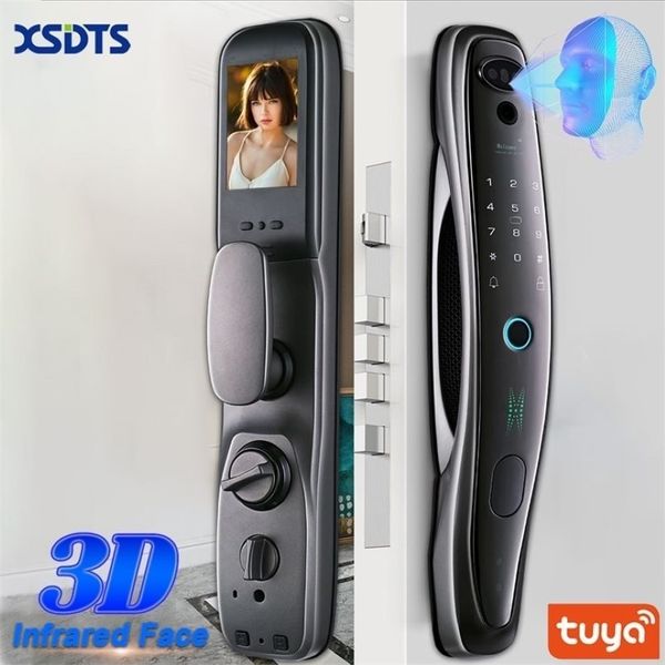 Tuya – serrure de porte intelligente 3D, moniteur de sécurité avec caméra faciale, empreinte digitale intelligente, mot de passe, clé biométrique électronique, déverrouillage 220704240V