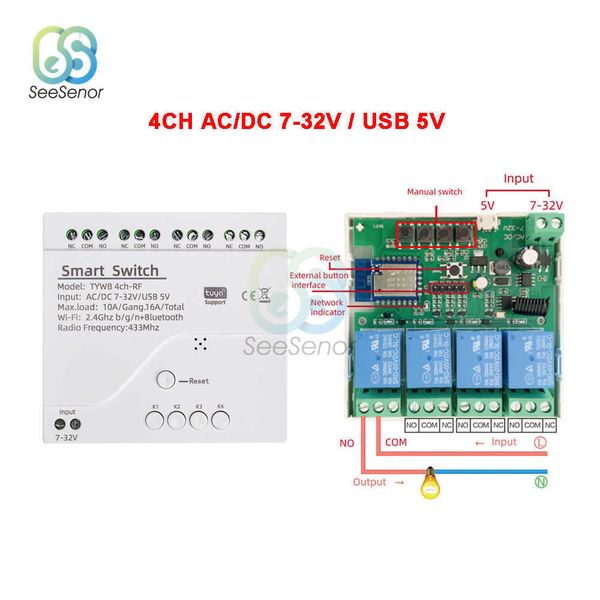 Módulo de interruptor de Motor Wifi inteligente Tuya, 5V, 12V, 32V, 220V, RF 433, Control remoto por Radio, relé de avance lento de 1/2/4 canales