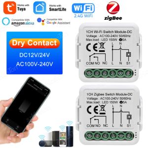Tuya Smart Zigbee WiFi Dry Contact Switch Module Smart Home Brifer Breaker Relay DC12 / 24V AC 100-240V Fonctionne avec Alexa Google Alice