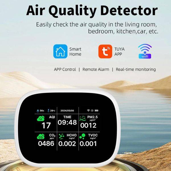 TUYA WiFi 10in1 Détecteur de qualité de l'air portable AQI PM2,5 PM1.0 PM10 CO2 TVOC HCHO TESTER TFT Affichage de la température Humidité Monitor