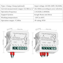 TUYA WiFi 2 Gang 80a Clamp monophasé Solar PV Bidirectionnel Two Way Energy Meter Contrôle des applications Courante du transformateur