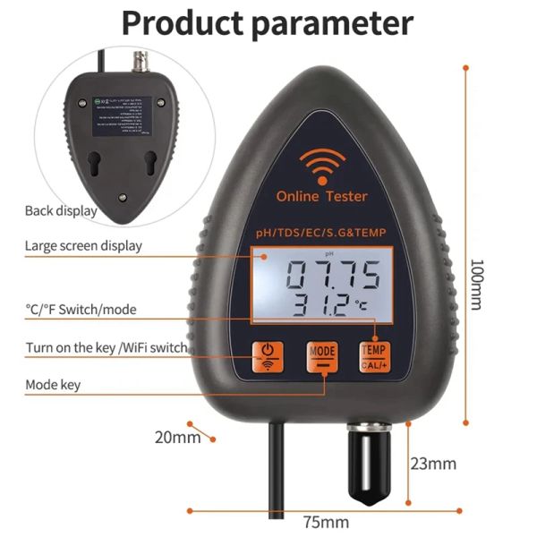 Tuya WiFi 5in1 Testeur de qualité de l'eau Monteur en ligne TDS EC S.G Test de température Salinité Memarmètre Pool PH METER EU POUR